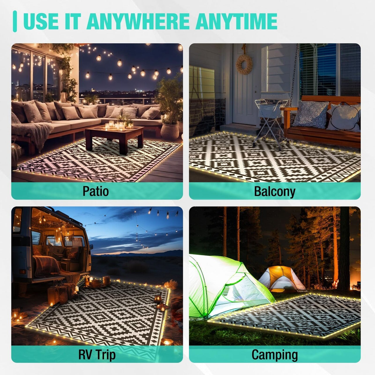 HAUSHOF 5'X8' Outdoor Rug Waterproof with LED Strip Light, Reversible Outdoor...