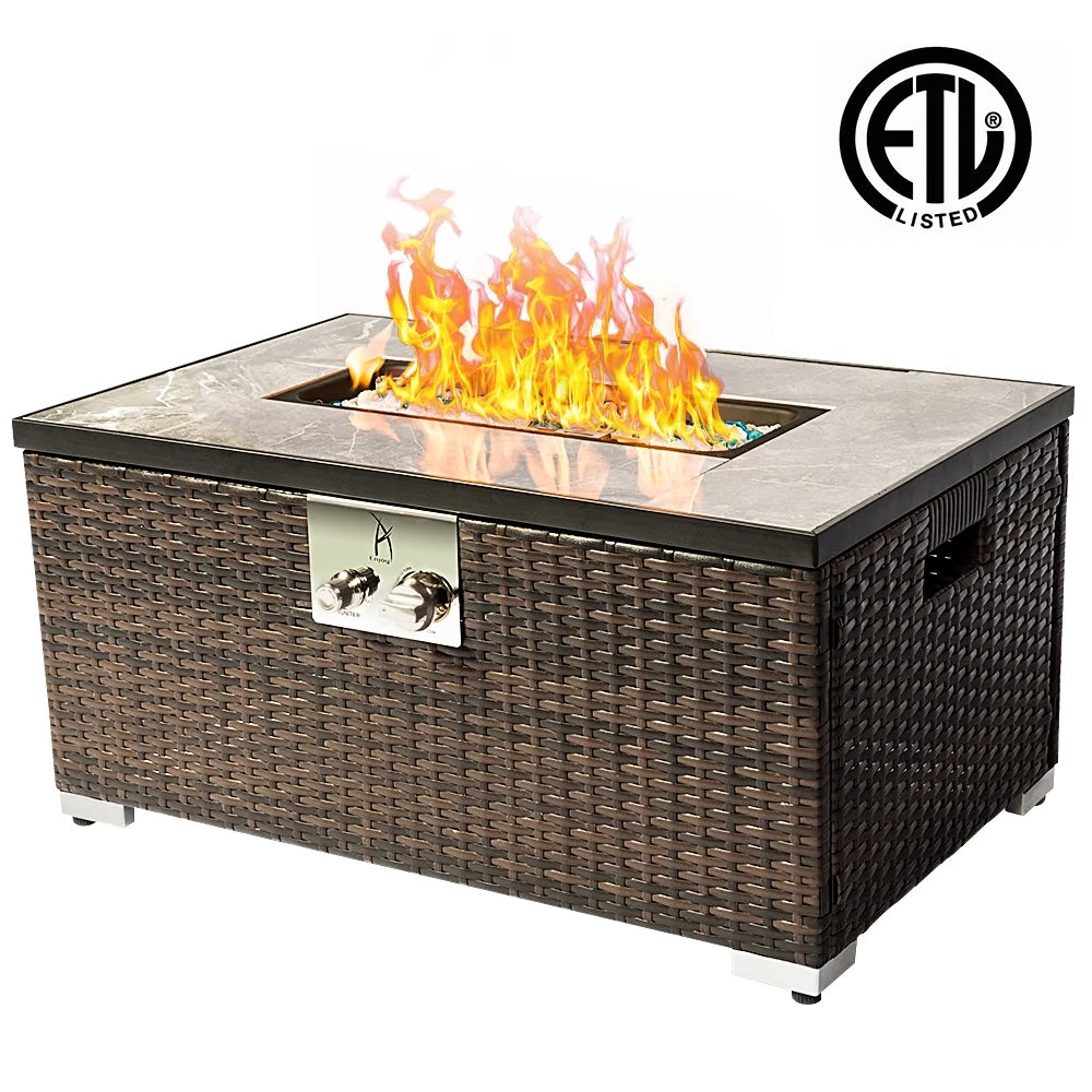 Patio Fire Pit Table, 32" Propane Fire Pit with Glass Stones, Auto-Ignition, Waterproof Rain Cover, 40000 BTU Gas Heater Table, Control Knob Adjustable Flame, TE1997