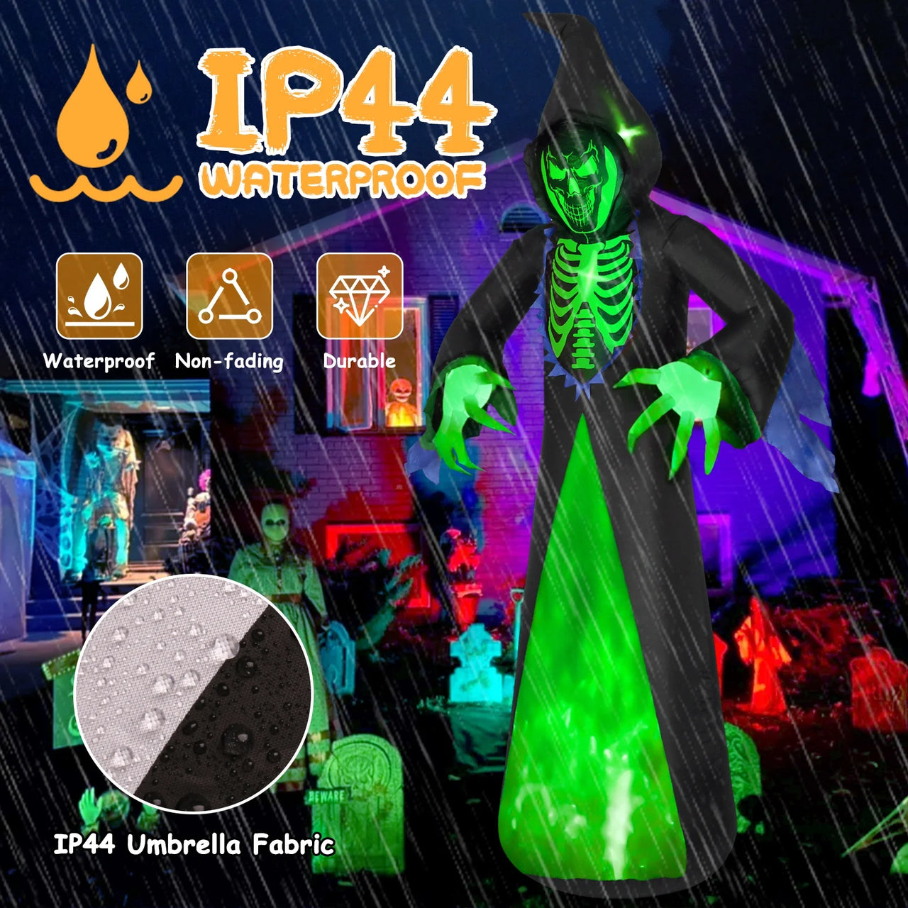 12Ft Halloween Inflatable Grim Reaper, Spooky Blow up Yard Decor with Built-In 7 Modes 3D LED Flame Lights for Holiday Party Garden Patio Lawn
