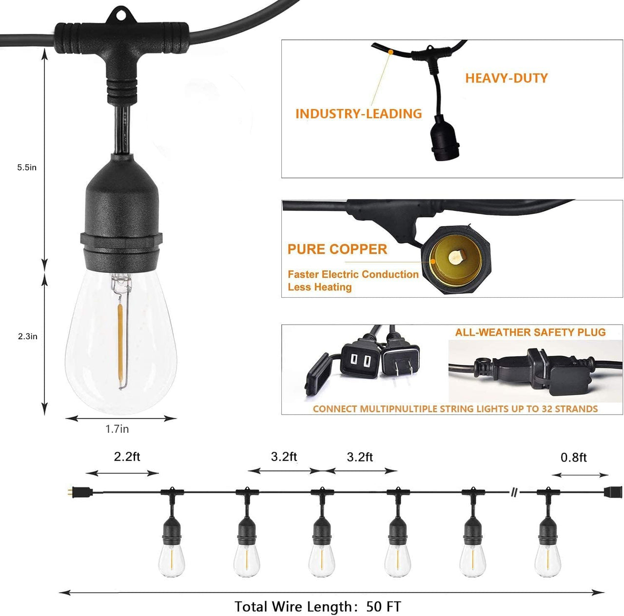 Outdoor 2700K Solar Patio String Lights (S14, 50)