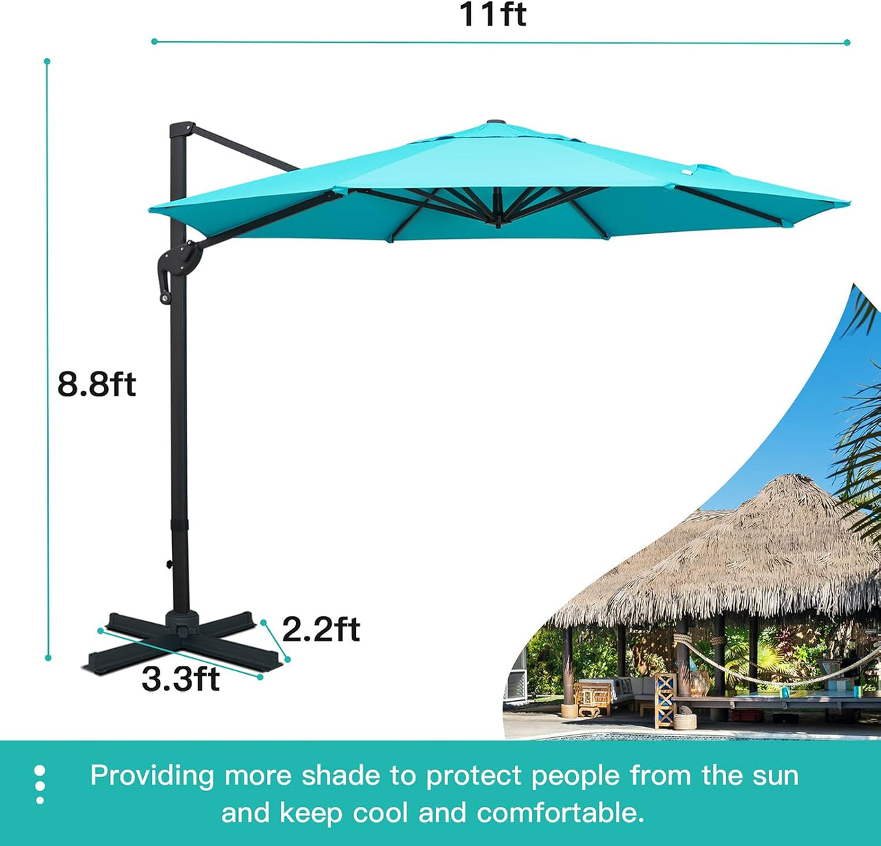 11FT Cantilever Patio Umbrella round Deluxe Offset Umbrella 360°Rotation & Integrated Tilting System Heavy Duty Patio Hanging Umbrella for Market Garden Deck Pool Backyard Patio (Blue)