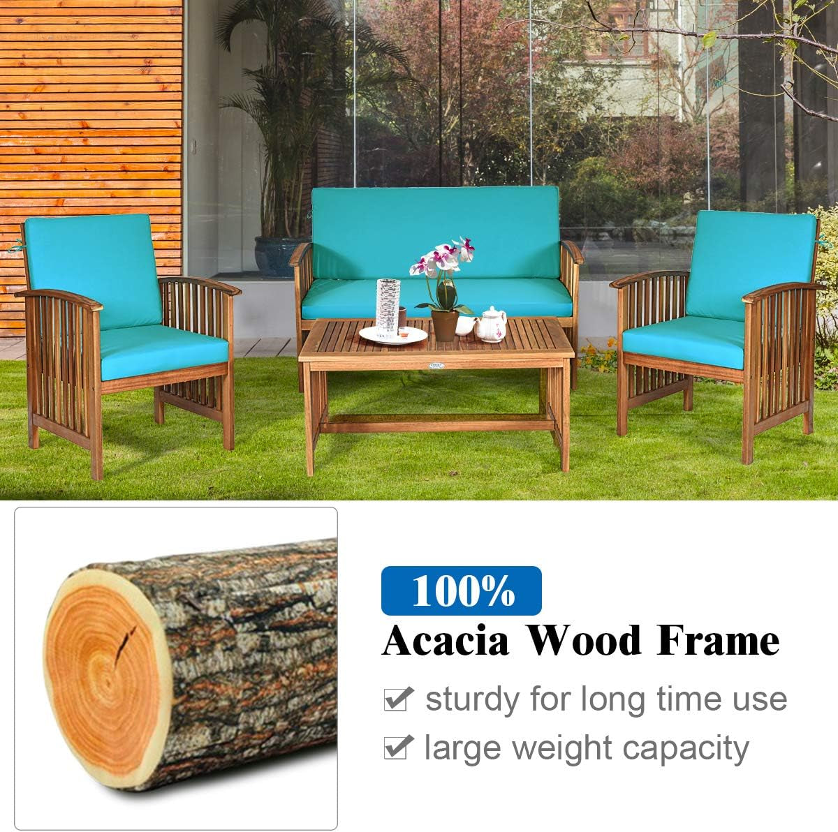 Outdoor Acacia Wood Sofa Set W/Water Resistant Cushions 