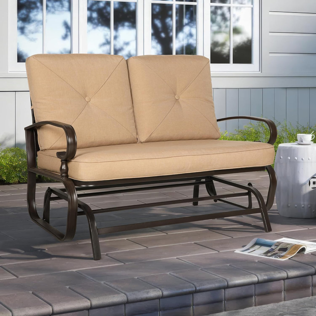 Outdoor Patio Glider Chair, Rocking Glider Bench for 2 Person, Porch Furniture Loveseat Seating, Wrought Iron Patio Gliders for Outside, Porch, Garden(Brown)