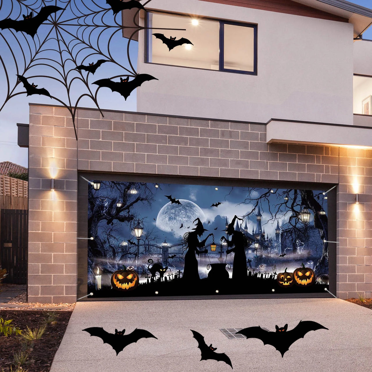 Halloween Garage Door Cover, 157.5X70.9-192X83.9 Inches, Witches & Pumpkins Design, Heavy Polyester, Perfect for Haunted Houses, Easy to Hang, Weather-Resistant