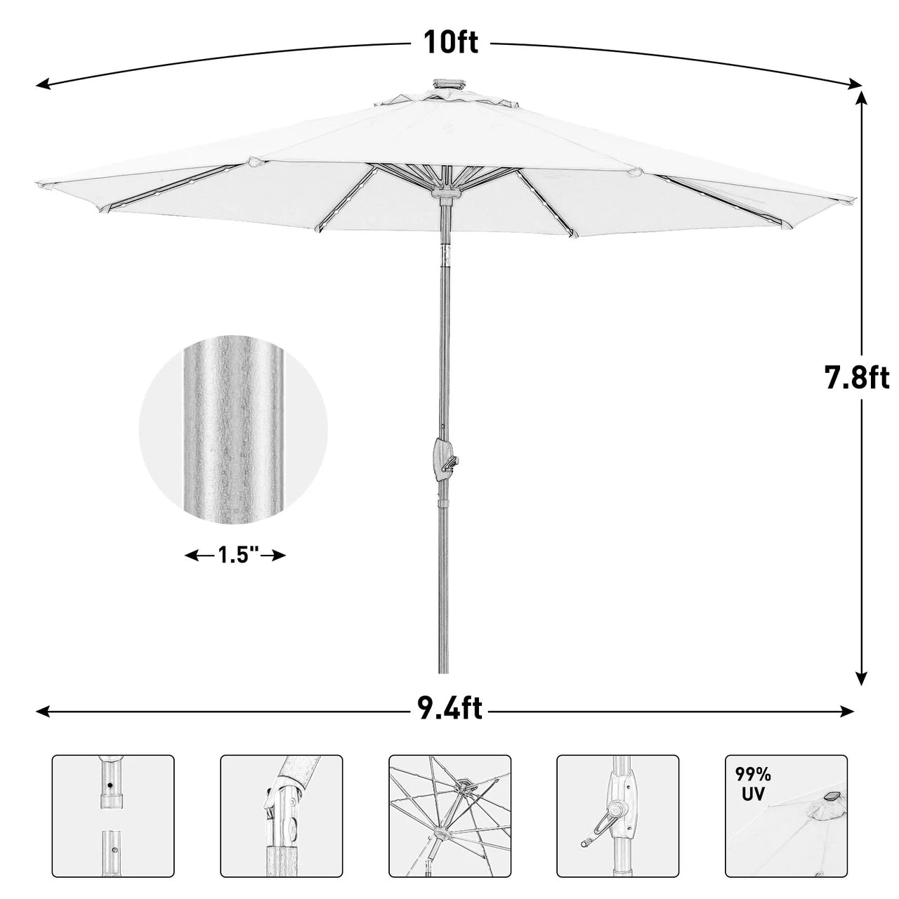 10 Ft Solar Patio Umbrellas with 8 Strip Lights for Market Outdoor Pool, Steel Tilt Crank-Red