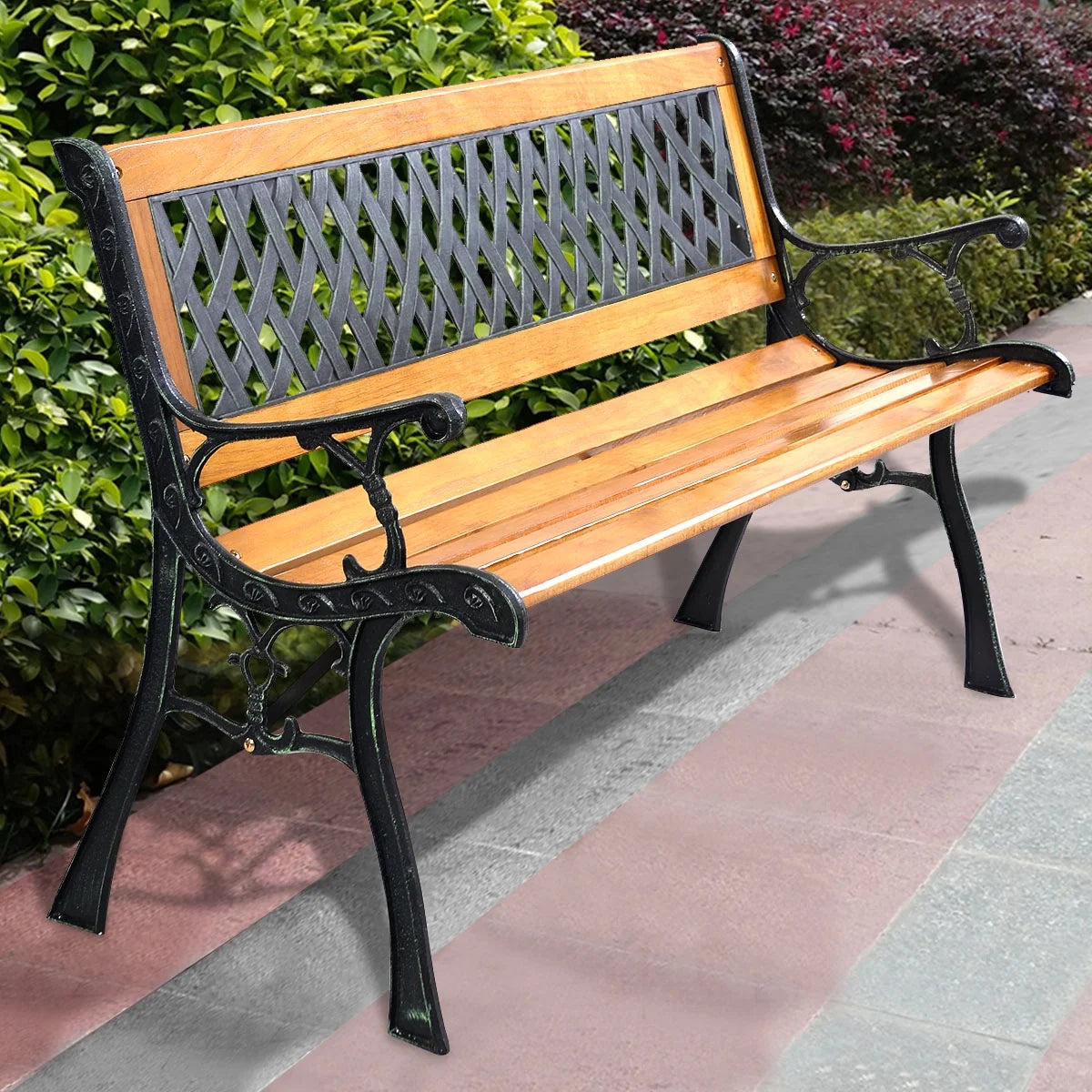 Garden Metal Bench Porch Path Hardwood Chair for Patio Park Outdoor Deck