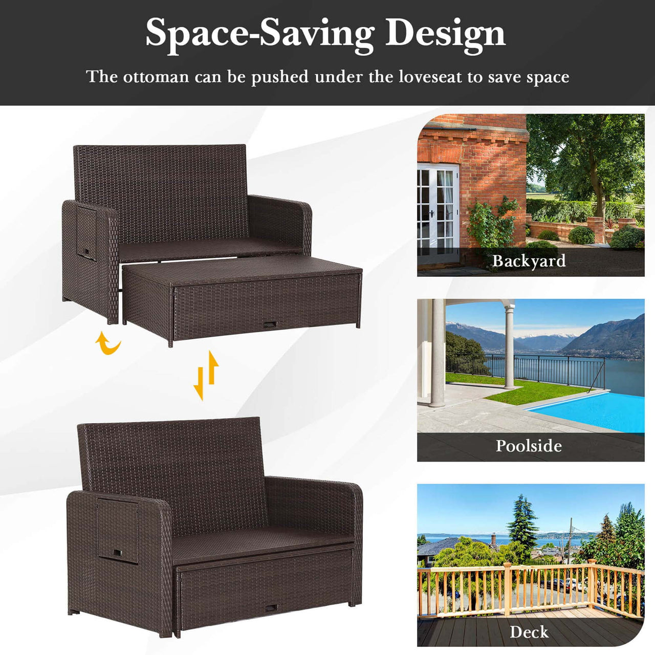 Patio Rattan Loveseat Set Daybed Lounge Storage Ottoman Side Tables Adjust Gray