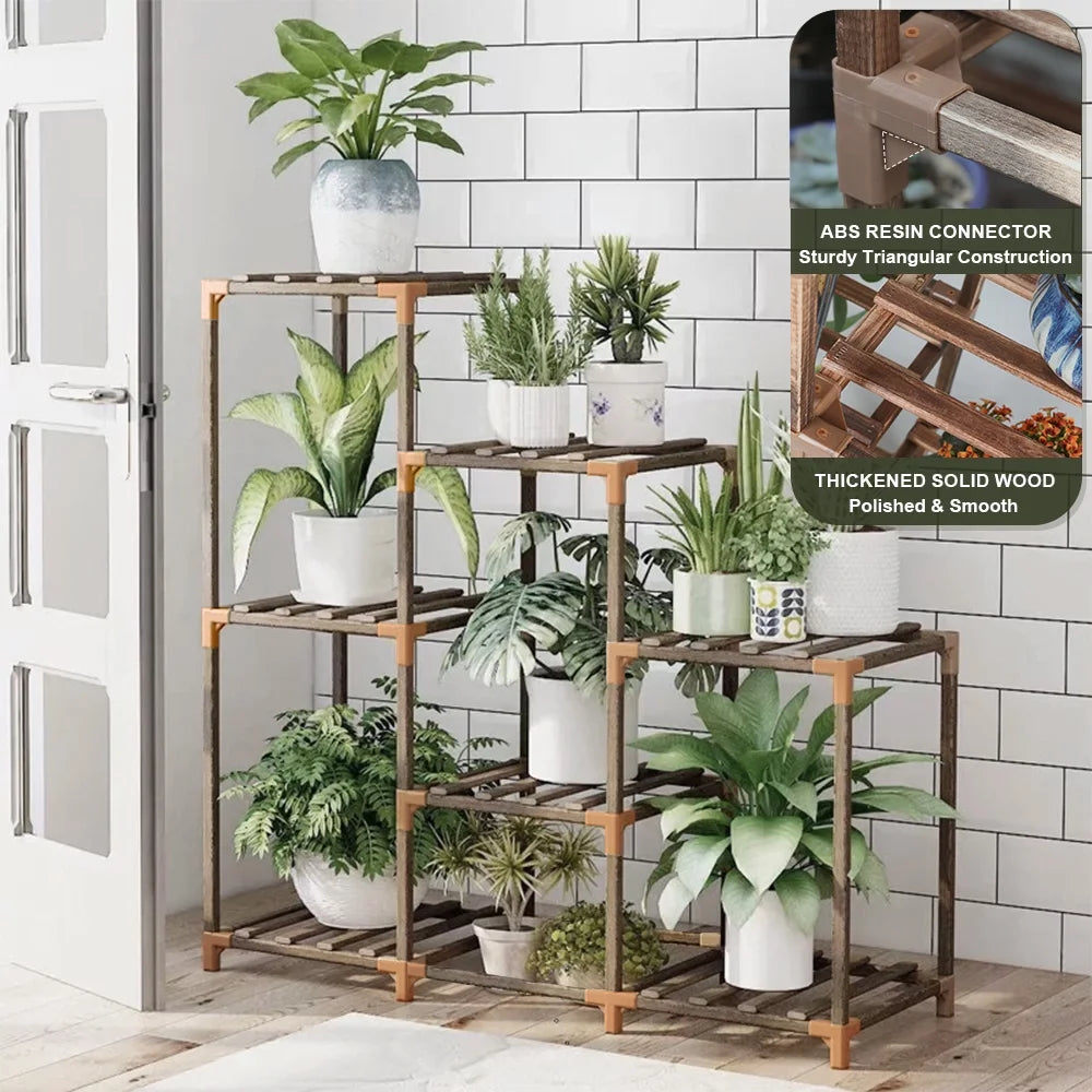Plant Stand Indoor Three Tier Plant Shelf Outdoor Wooden & Plastic 3 Tiers Garden Flower Pot Rack for Patio Decor