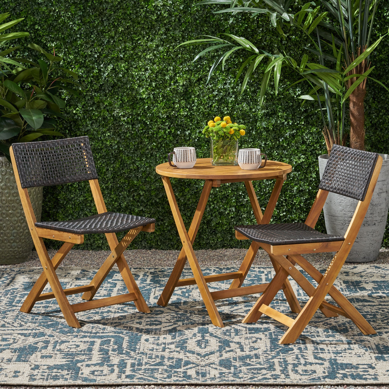 Outdoor Acacia Wood and Wicker 3 Piece Folding Bistro Set