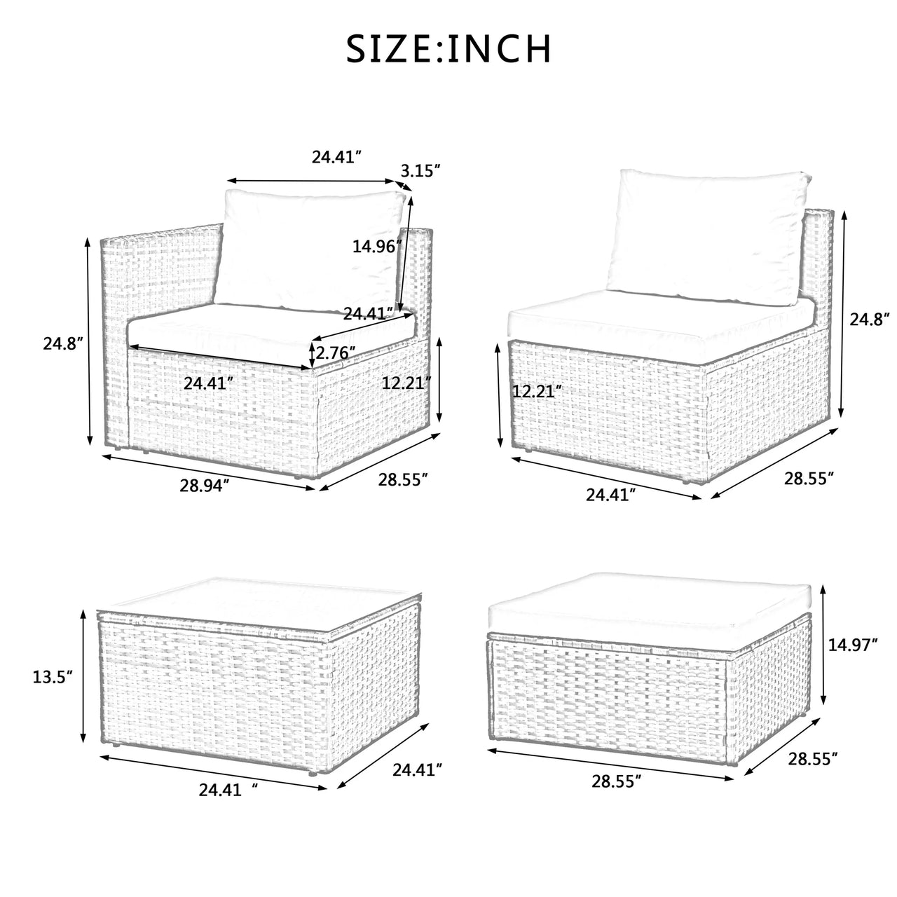 5 Piece Outdoor Patio Furniture Sets All Weather Outdoor Sofa PE Garden Furniture Wicker Rattan Patio Conversation Set with Coffee Table, Gray Cushions