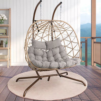 Thumbnail for Outdoor Egg Swing Chair with Stand, 2 Person Patio Swing Chairs with Thick Cushions and Pillows, Wicker Double Egg Chair Swing