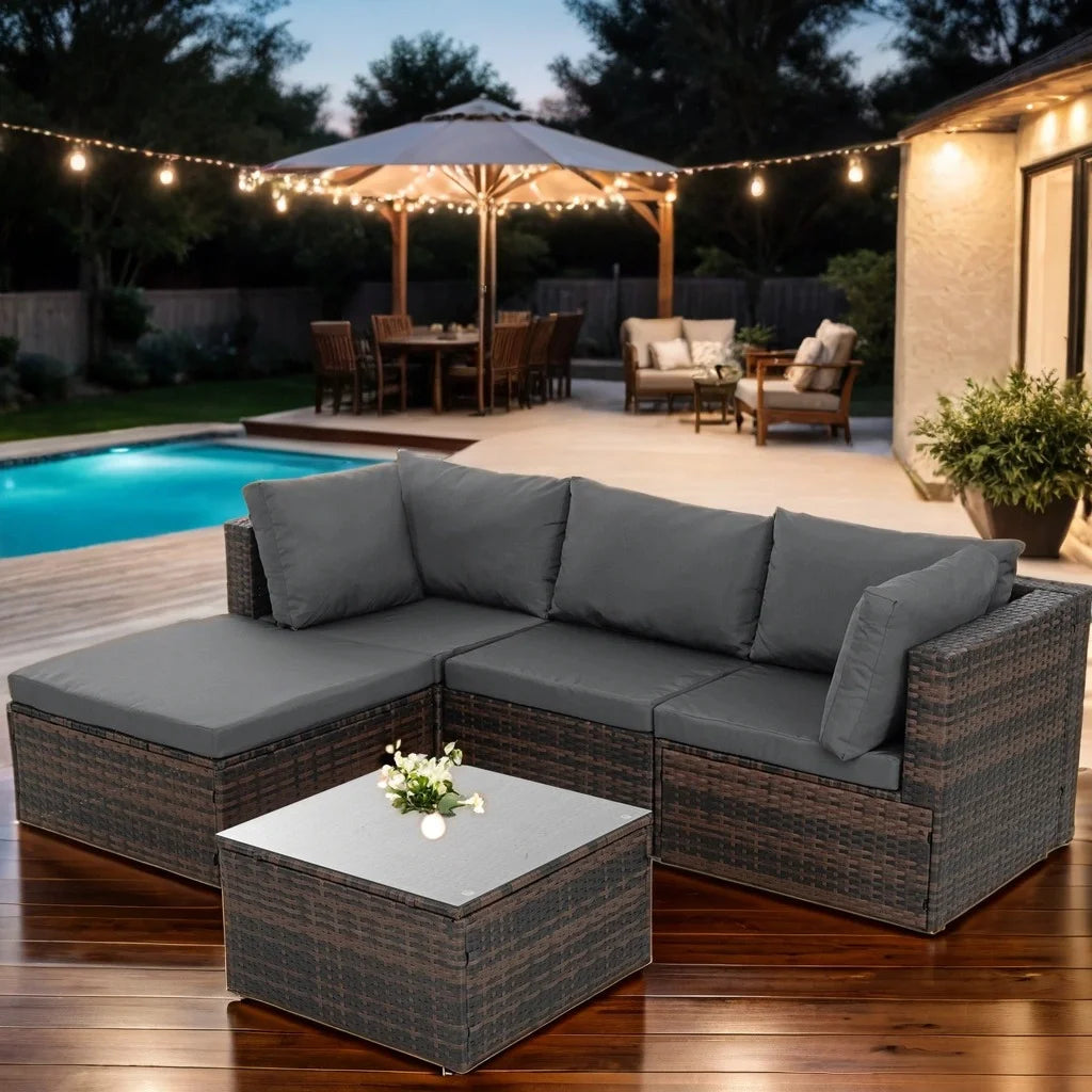 5 Piece Outdoor Patio Furniture Sets All Weather Outdoor Sofa PE Garden Furniture Wicker Rattan Patio Conversation Set with Coffee Table, Gray Cushions