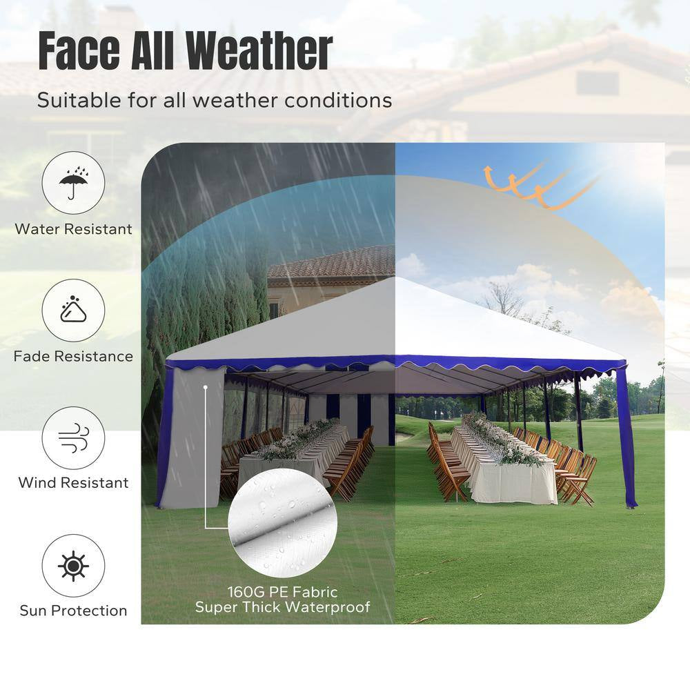 16 Ft. X 32 Ft. Large Outdoor Canopy Wedding Party Tent in White with Blue Stripes Removable Side Walls