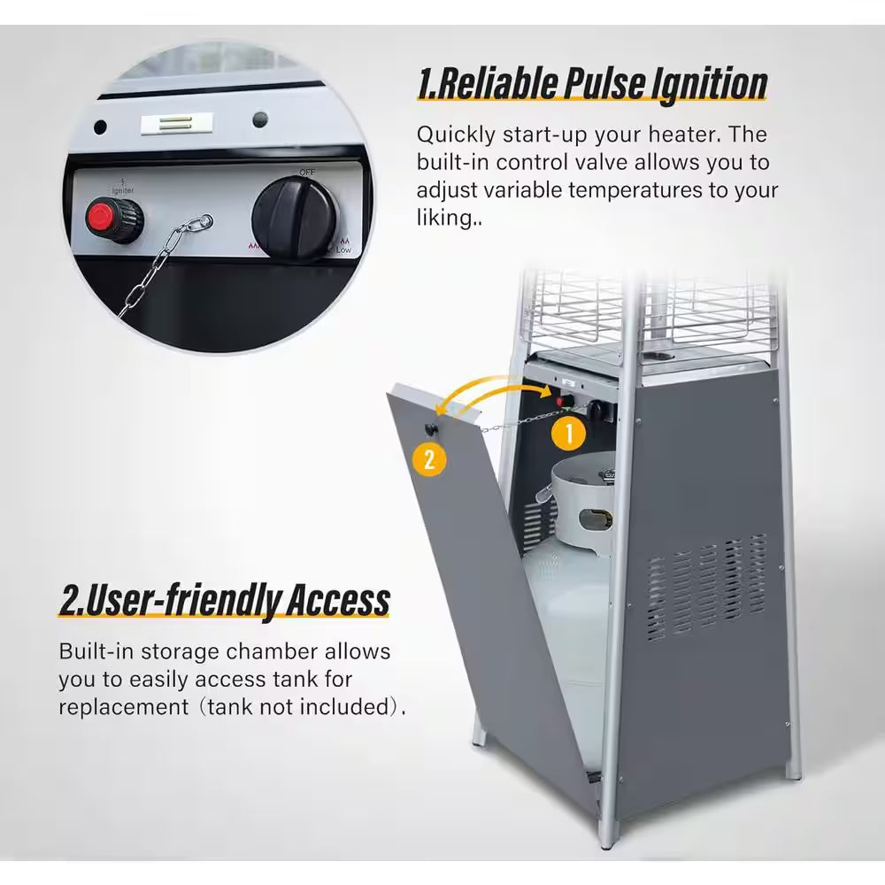 48,000 BTU Stainless Steel Pyramid Patio Flame Propane Gas Patio Heater with Wheels