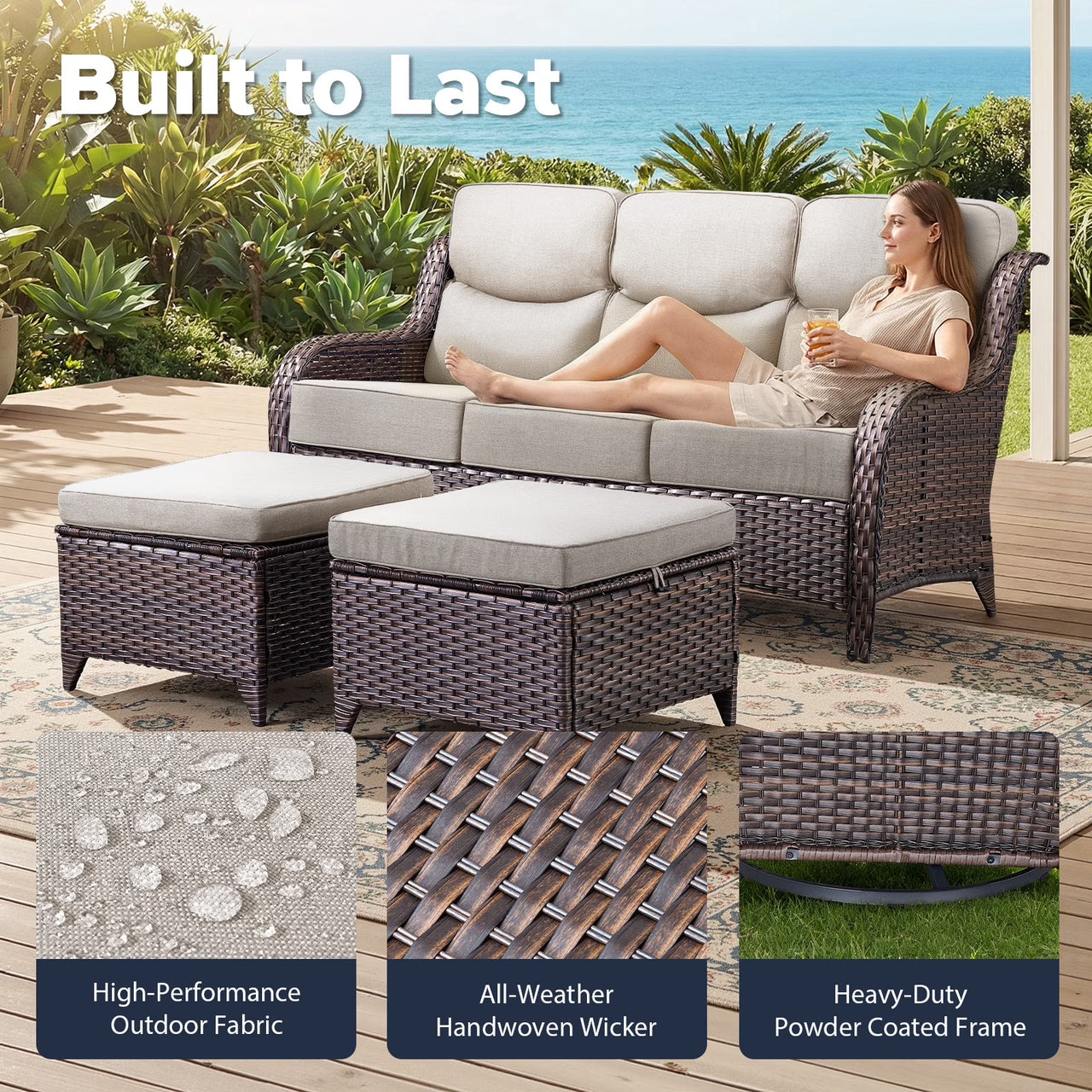 6 Pieces Luxury Outdoor Patio Furniture Sets Outdoor Conversation Sets with Swivel Rocker Patio Chairs with 6" Thick Cushion,Sofa and Glass Coffee Table for Porch Deck Backyard Poolside
