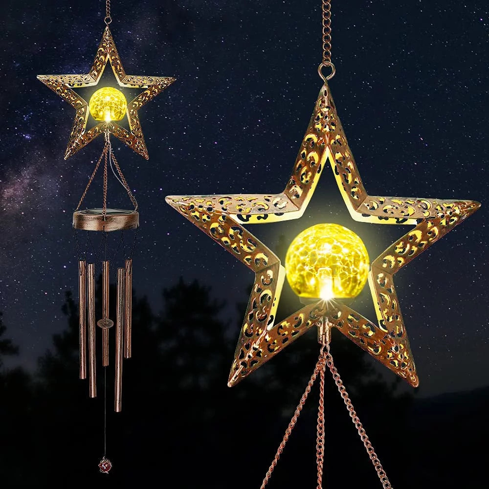 Solar Star Wind Chimes - Cracked Glass Balls, Outdoor Garden Chandeliers with Warm LED Light