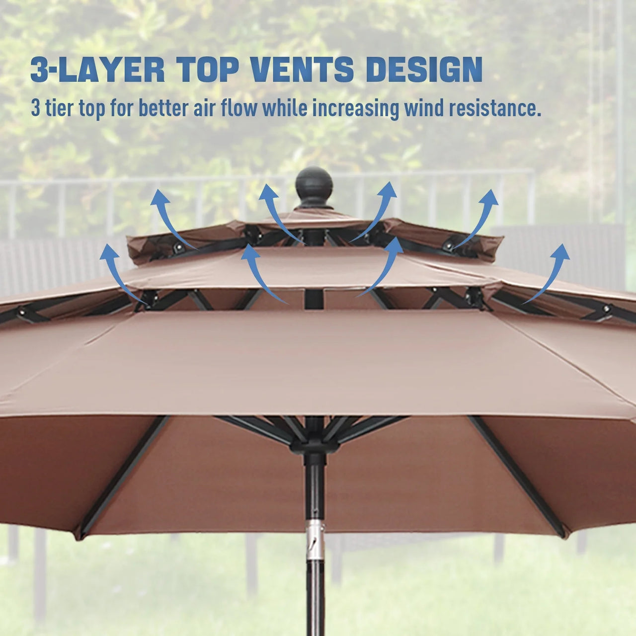 10 Ft Patio Umbrella 3 Tiers Adjustable Outdoor Market Umbrella with Crank for Beach Pool (Coffee)
