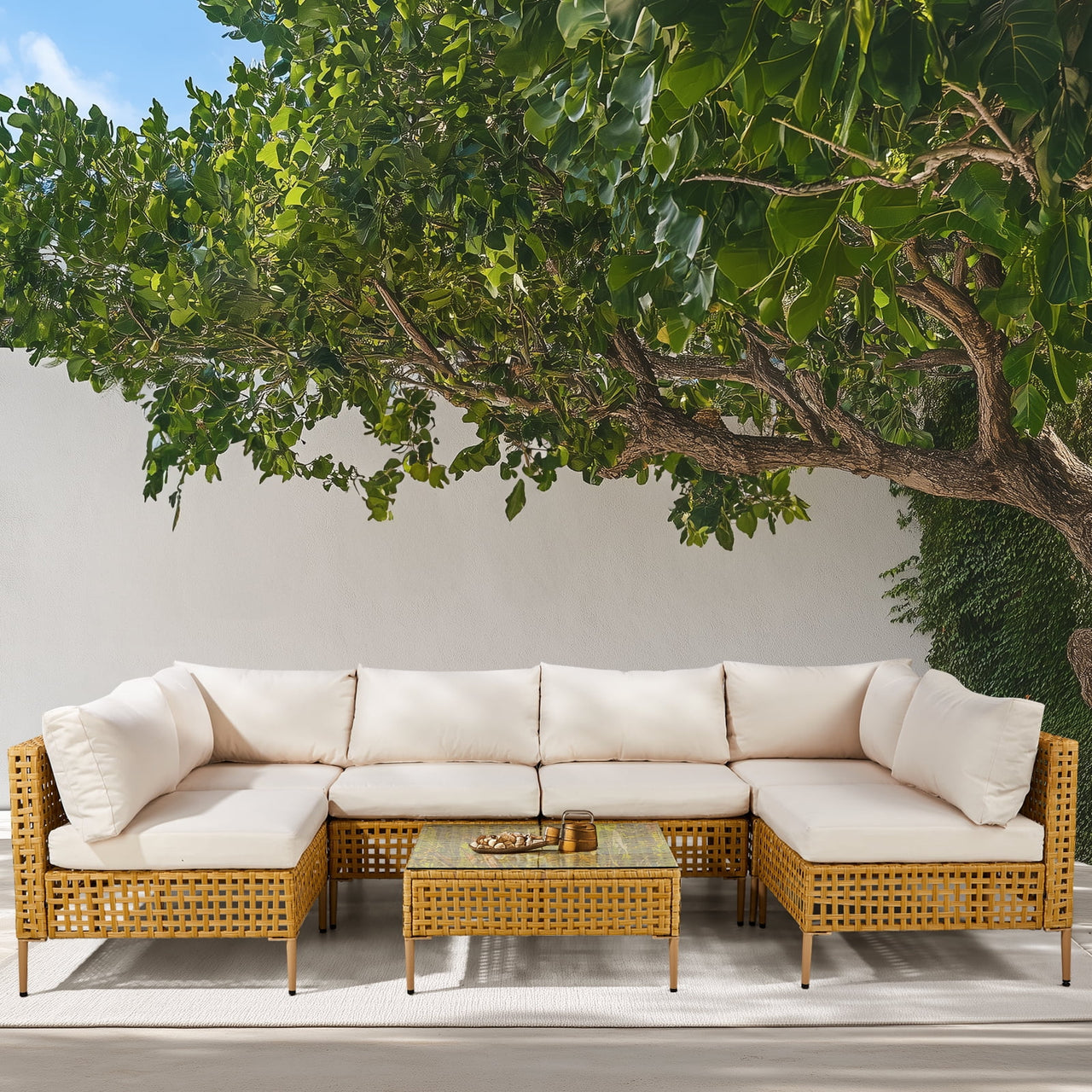 7-Piece Wicker Patio Furniture Set, Patio Furniture Set with Water Resistant Thick Cushions and Coffee Table, Beige