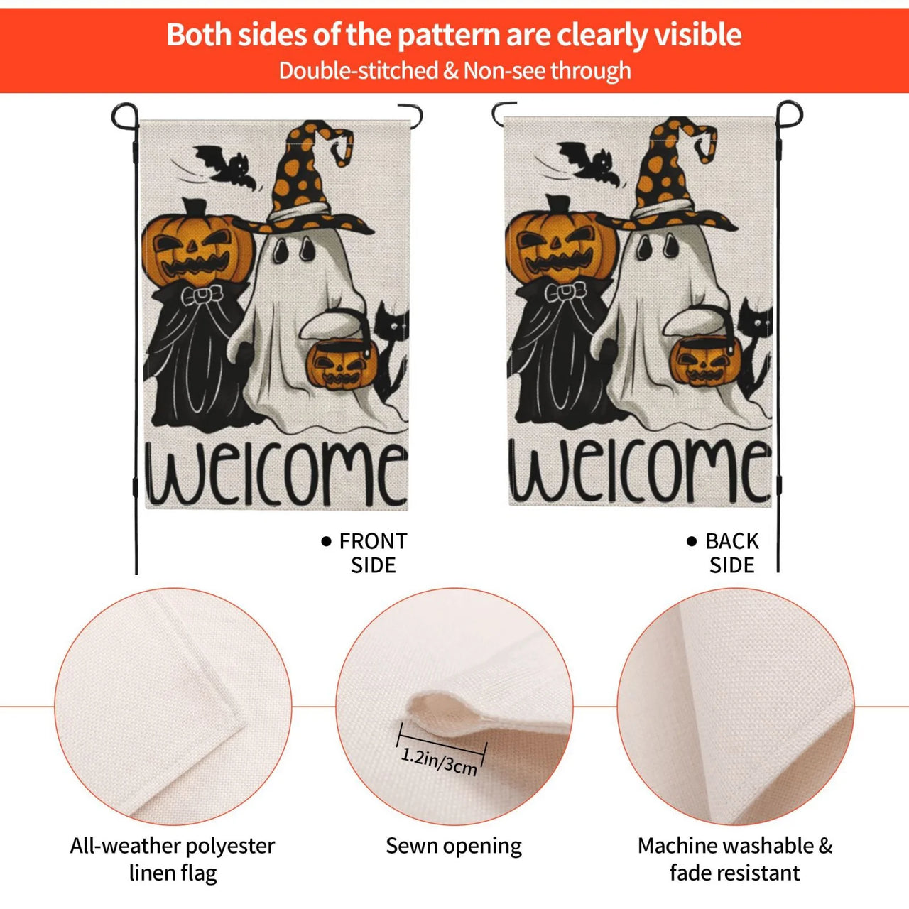 Halloween Spooky Black White Ghost Lantern Pumpkin Welcome Linen Garden Flag 12"×18" for Lawn Decor