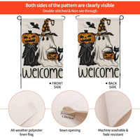 Thumbnail for Halloween Spooky Black White Ghost Lantern Pumpkin Welcome Linen Garden Flag 12