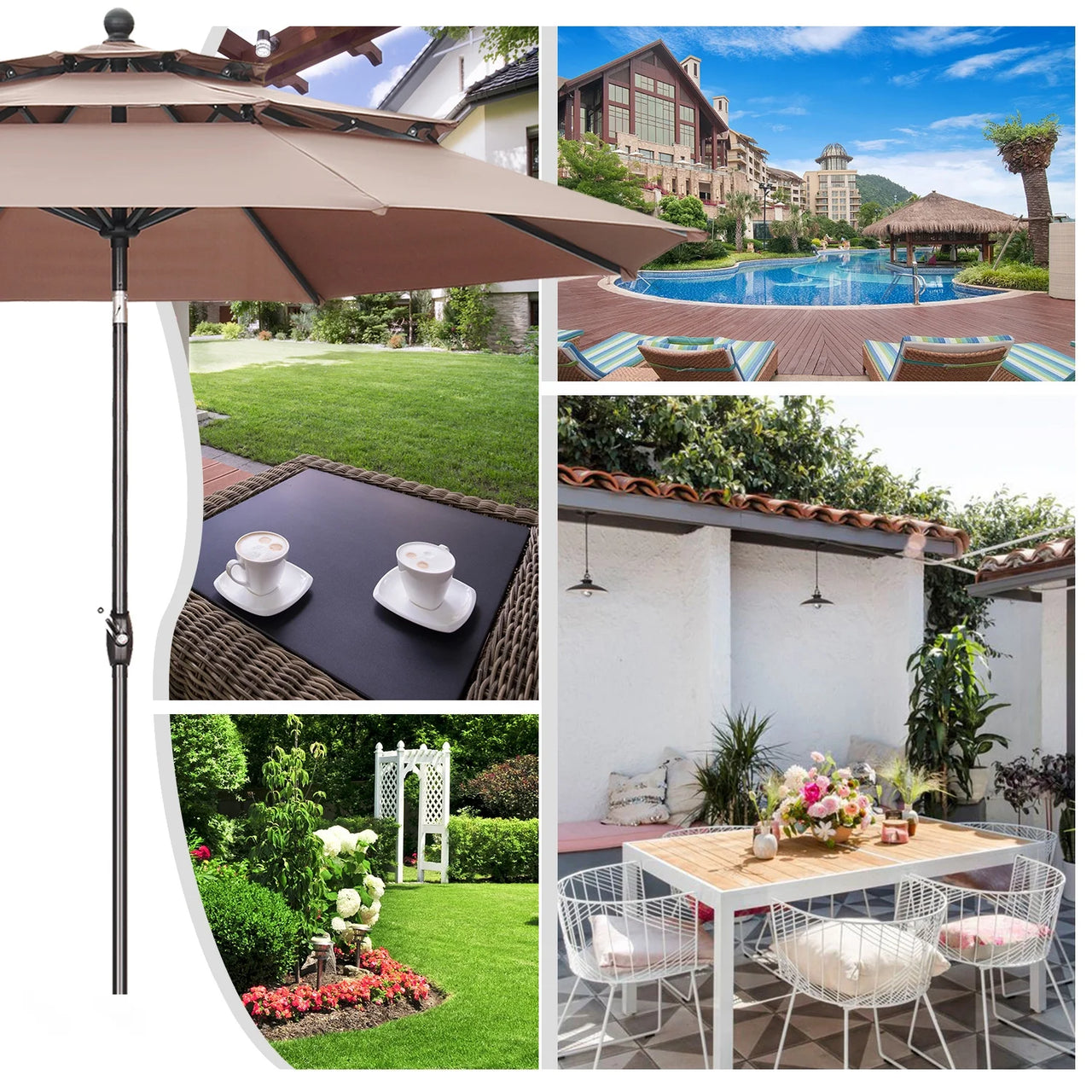 10 Ft Patio Umbrella 3 Tiers Adjustable Outdoor Market Umbrella with Crank for Beach Pool (Coffee)