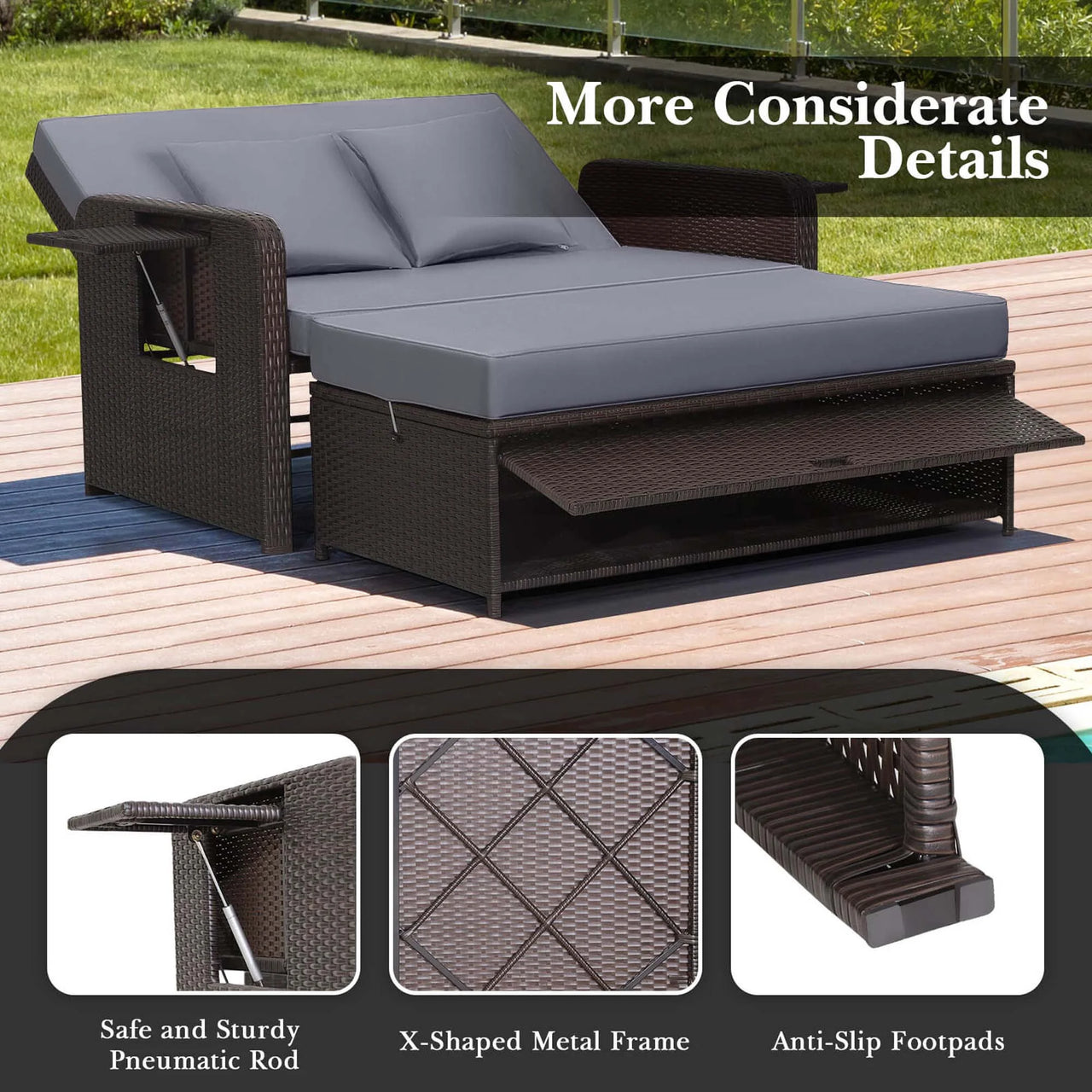 Patio Rattan Loveseat Set Daybed Lounge Storage Ottoman Side Tables Adjust Gray