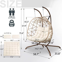 Thumbnail for Outdoor Egg Swing Chair with Stand, 2 Person Patio Swing Chairs with Thick Cushions and Pillows, Wicker Double Egg Chair Swing
