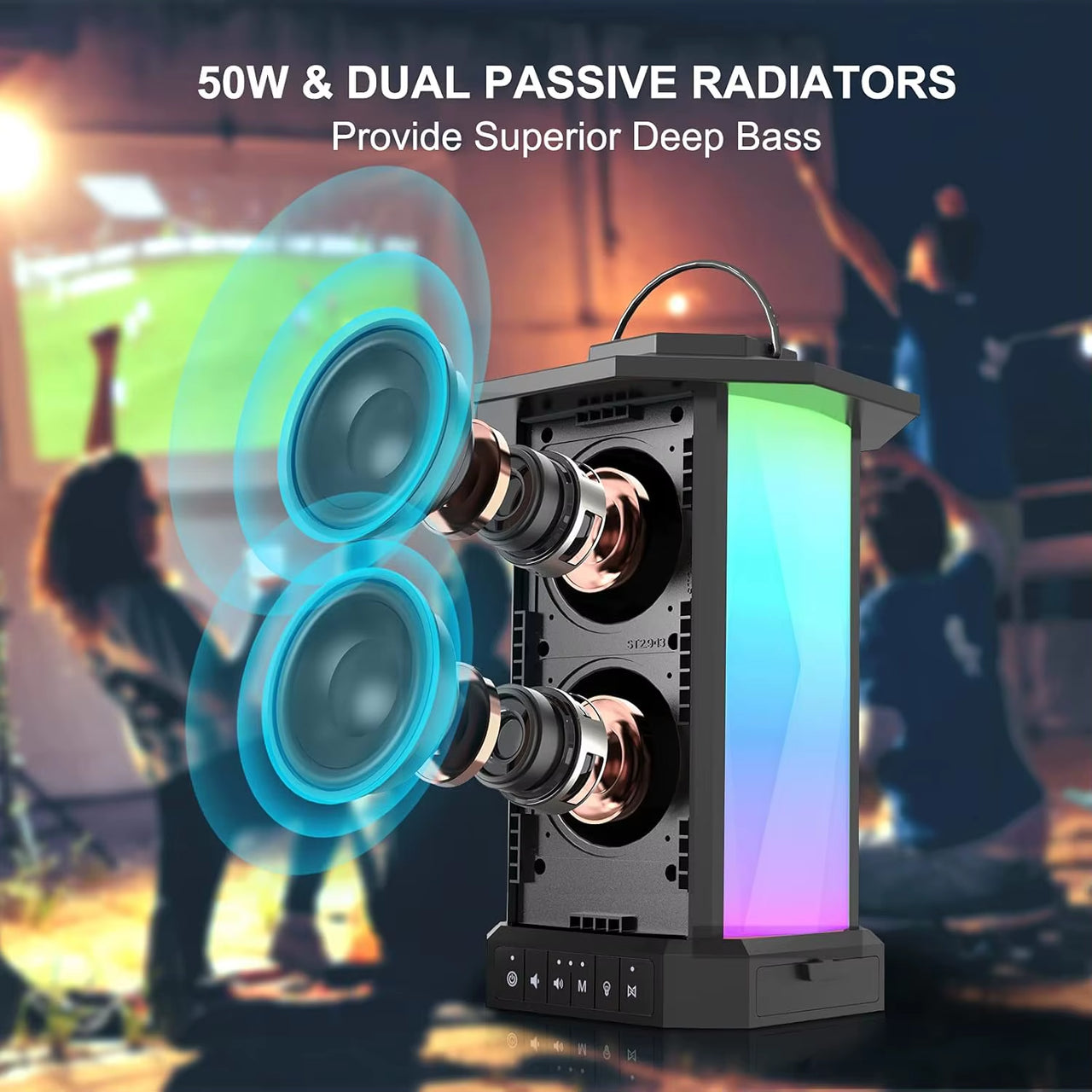 Portable Bluetooth Speaker,Wireless Stereo Lantern Speaker with RGB LED Lights,50W Flame Speaker for Patio Garden Decor