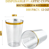 Thumbnail for 100 Pack 12 Oz Gold Rimmed Plastic Cups, 12 Ounce Clear Tumblers, Heavy-Duty & Fancy Disposable Hard Plastic Cups with Gold Rim for Wedding Elegant Party