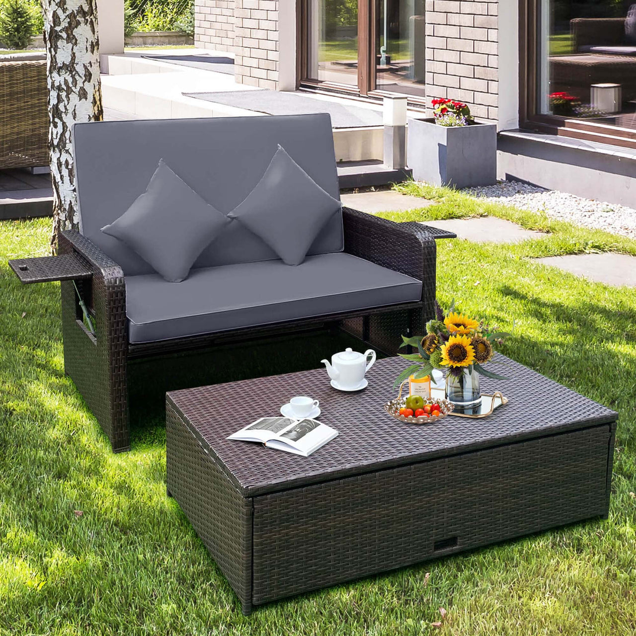 Patio Rattan Loveseat Set Daybed Lounge Storage Ottoman Side Tables Adjust Gray