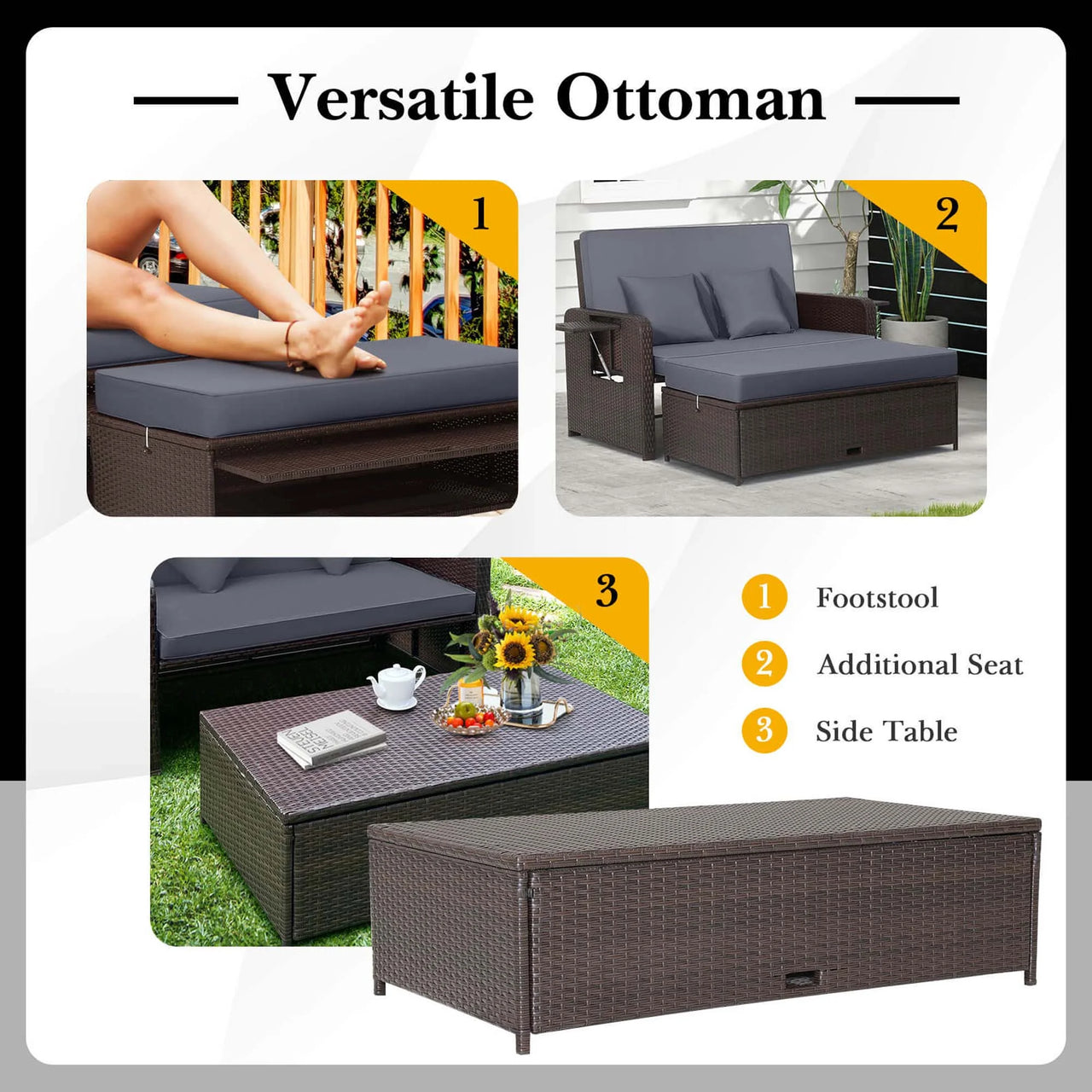 Patio Rattan Loveseat Set Daybed Lounge Storage Ottoman Side Tables Adjust Gray