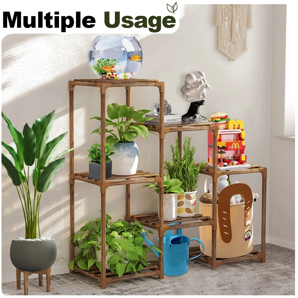 Plant Stand Indoor Three Tier Plant Shelf Outdoor Wooden & Plastic 3 Tiers Garden Flower Pot Rack for Patio Decor