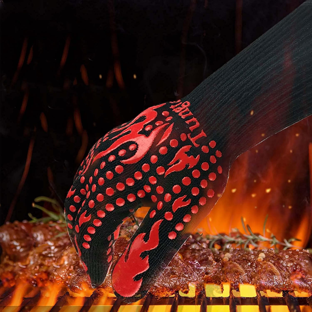 Turkey Fryer BBQ Heat Resistant Gloves, Cooking Gloves, Oven Gloves 1472℉,14Inch, Heat Resistant, Grill Gloves, Silicone Non-Slip Cooking Gloves for Cooking, Grilling, Baking, Welding, (Large, Red)