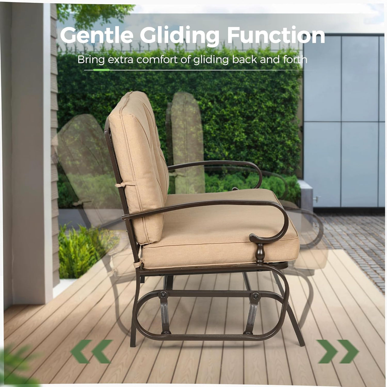 Outdoor Patio Glider Chair, Rocking Glider Bench for 2 Person, Porch Furniture Loveseat Seating, Wrought Iron Patio Gliders for Outside, Porch, Garden(Brown)