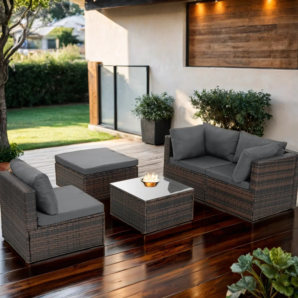 5 Piece Outdoor Patio Furniture Sets All Weather Outdoor Sofa PE Garden Furniture Wicker Rattan Patio Conversation Set with Coffee Table, Gray Cushions