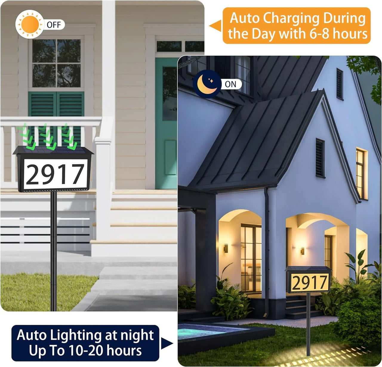 2 in 1 Solar Address Sign for Yard Lighted House Numbers Waterproof Illuminated Address Plaque with Stakes 22 Leds 3 Color Lighting Modes Wall Mounted/In Ground 2 Ways for outside Street