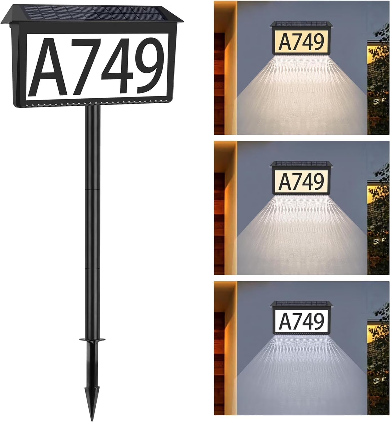 2 in 1 Solar Address Sign for Yard Lighted House Numbers Waterproof Illuminated Address Plaque with Stakes 22 Leds 3 Color Lighting Modes Wall Mounted/In Ground 2 Ways for outside Street