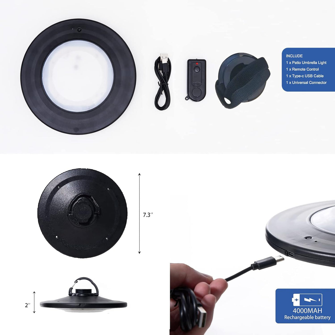 Umbrella Lights with Remote, Rechargeable Patio Cantilever Umbrella Lights with 3 Brightness Modes, for Offset Patio Umbrella in Outdoor & Garden (Black)