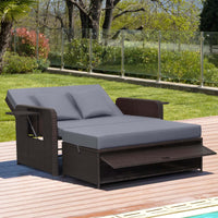 Thumbnail for Patio Rattan Loveseat Set Daybed Lounge Storage Ottoman Side Tables Adjust Gray