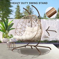 Thumbnail for Outdoor Egg Swing Chair with Stand, 2 Person Patio Swing Chairs with Thick Cushions and Pillows, Wicker Double Egg Chair Swing