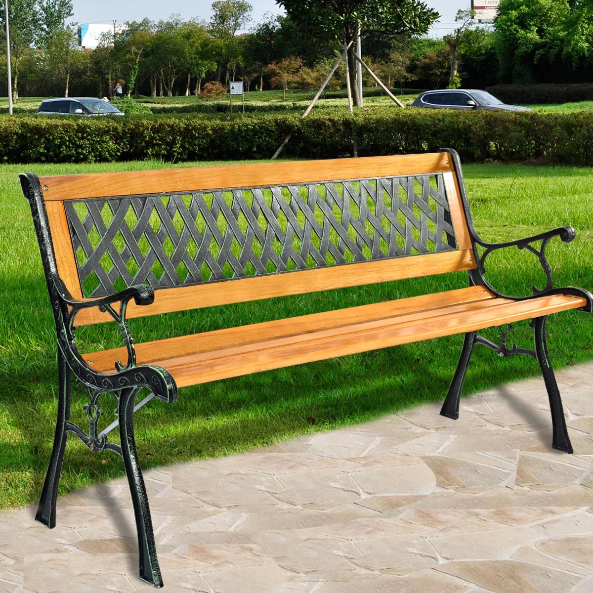 Garden Metal Bench Porch Path Hardwood Chair for Patio Park Outdoor Deck