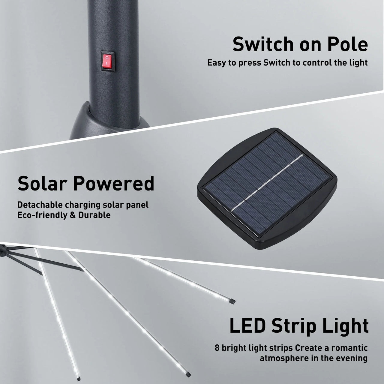 10 Ft Solar Patio Umbrellas with 8 Strip Lights for Market Outdoor Pool, Steel Tilt Crank-Red
