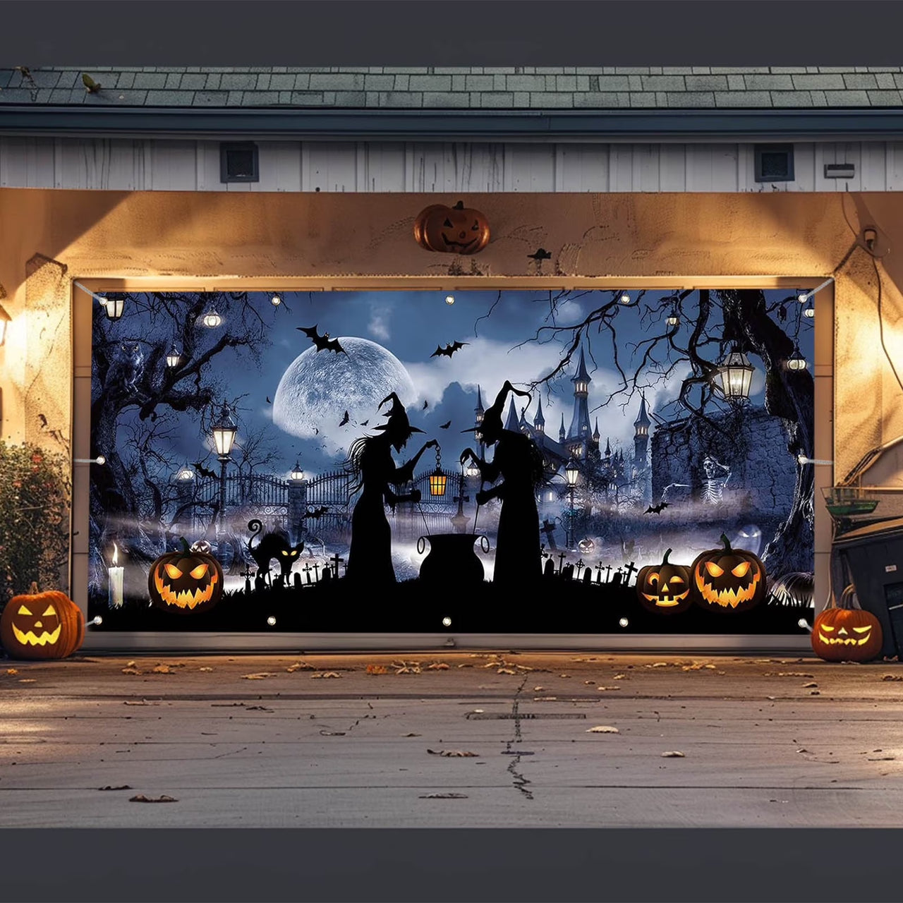 Halloween Garage Door Cover, 157.5X70.9-192X83.9 Inches, Witches & Pumpkins Design, Heavy Polyester, Perfect for Haunted Houses, Easy to Hang, Weather-Resistant