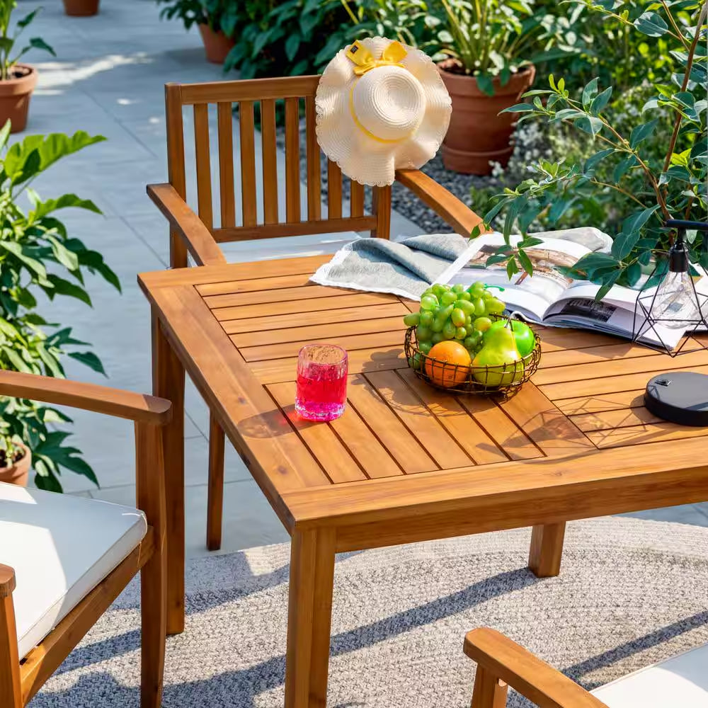 5-Piece Acacia Wood Outdoor Dining Set with Beige Cushion for Patio Garden Backyard 4-Armchairs and Table