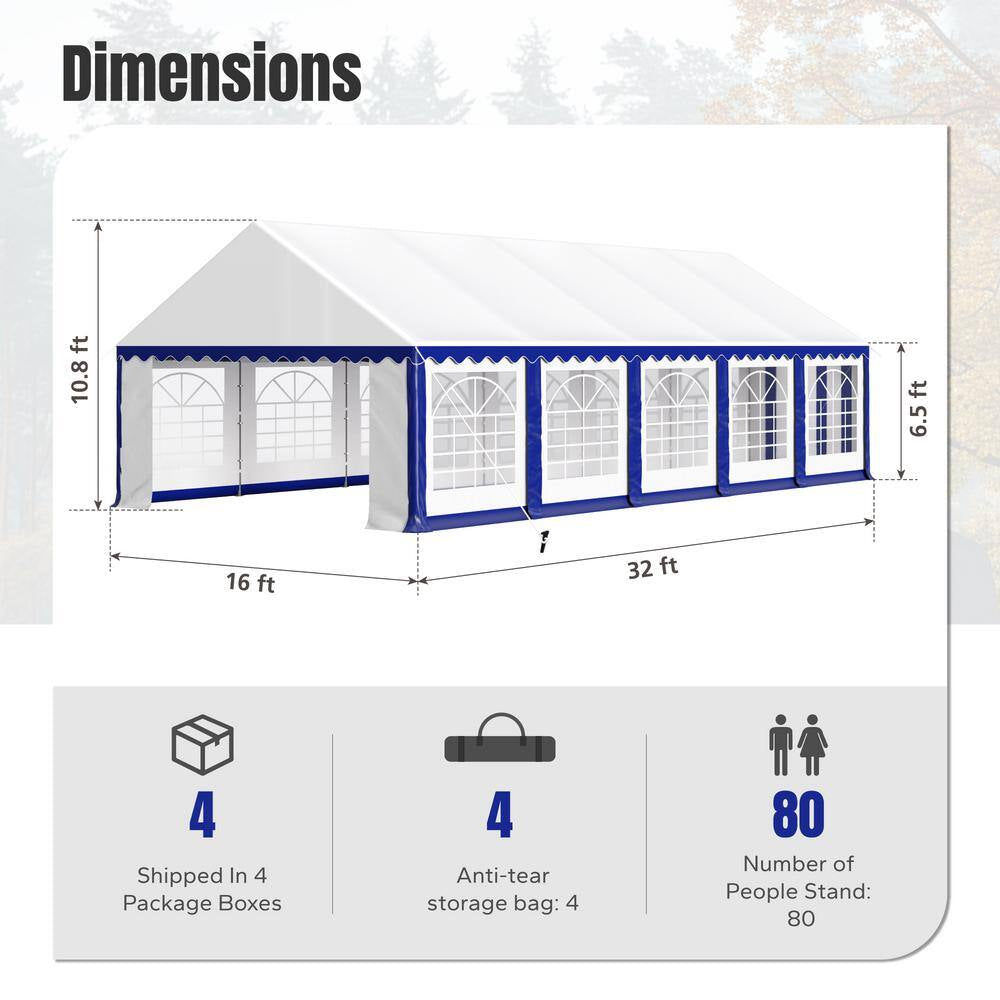 16 Ft. X 32 Ft. Large Outdoor Canopy Wedding Party Tent in White with Blue Stripes Removable Side Walls