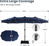Thumbnail for 15Ft Large Patio Umbrella with Solar Lights, Double-Sided Outdoor Market Rectangle Umbrellas with 36 LED Lights, Umbrella Base (Stand) Included, Navy Blue