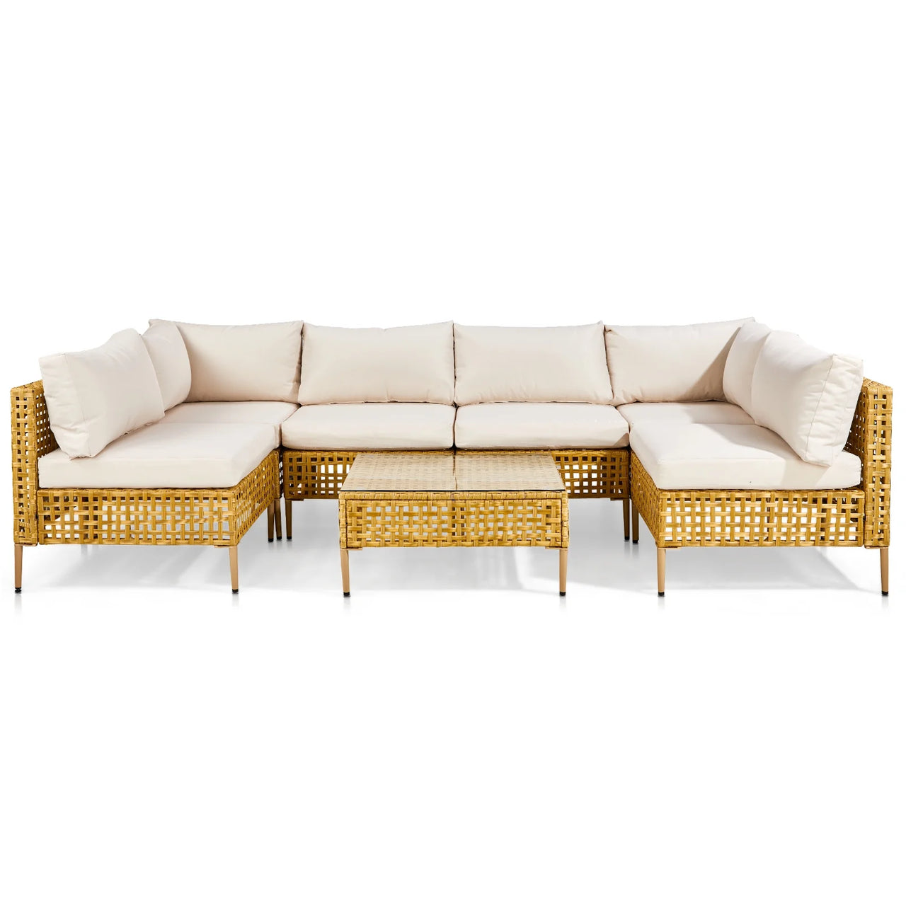 7-Piece Wicker Patio Furniture Set, Patio Furniture Set with Water Resistant Thick Cushions and Coffee Table, Beige