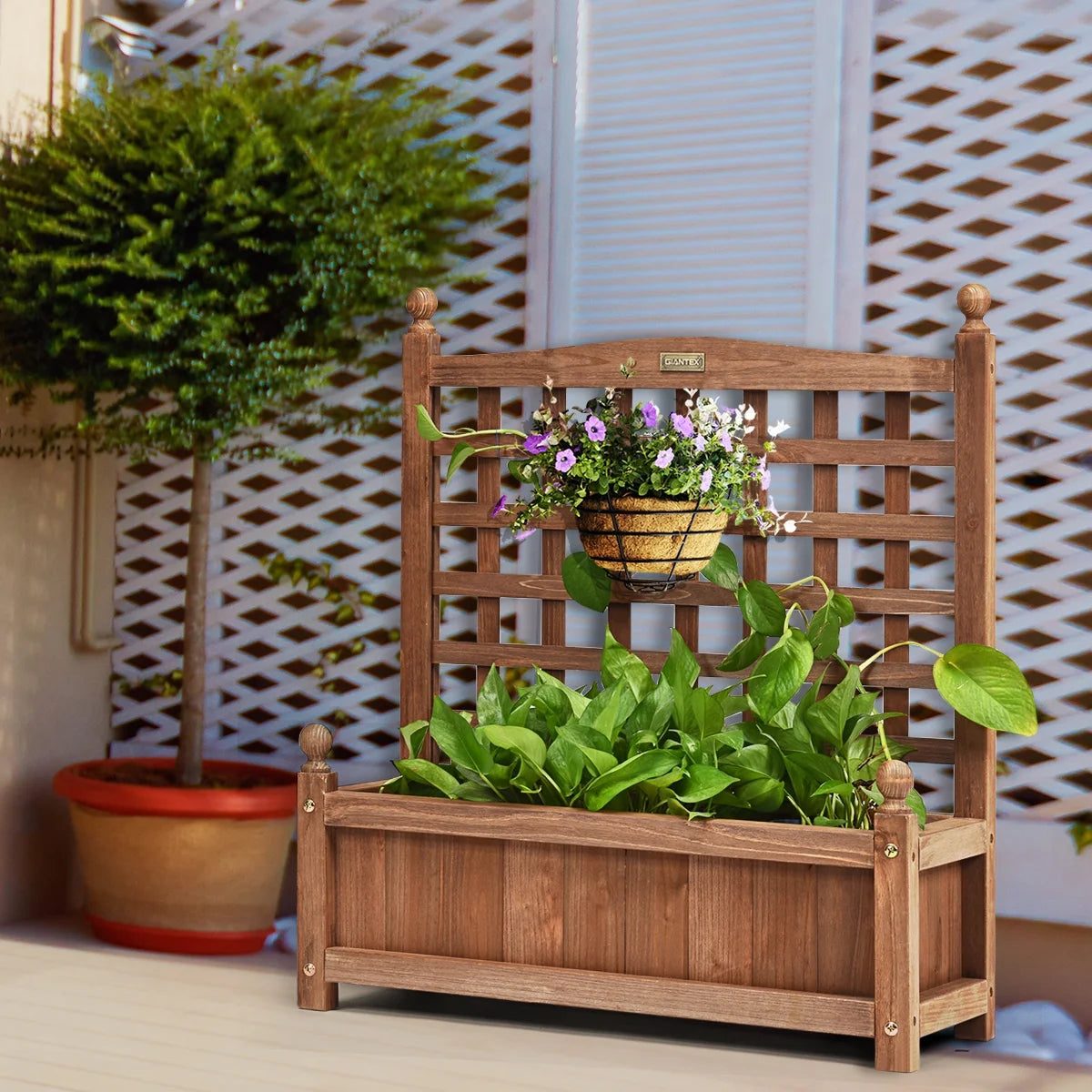 Solid Wood Planter Box with Trellis Weather-Resistant Outdoor 25''X11''X30''
