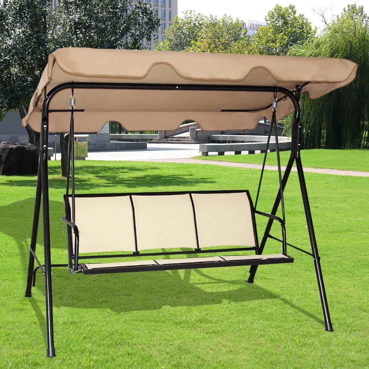 3 Person Outdoor Patio Swing Canopy Awning Yard Furniture Hammock Steel Beige