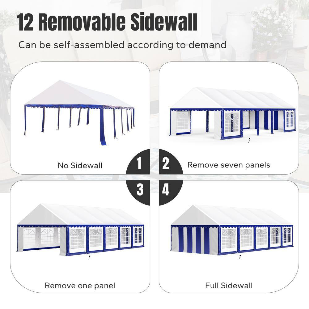 16 Ft. X 32 Ft. Large Outdoor Canopy Wedding Party Tent in White with Blue Stripes Removable Side Walls